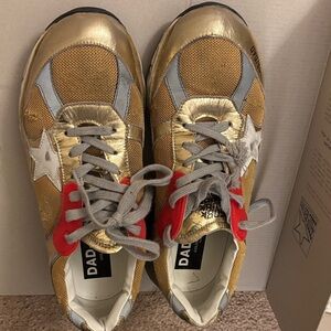 Golden Goose Gold and Gray Sneakers with Red Accents